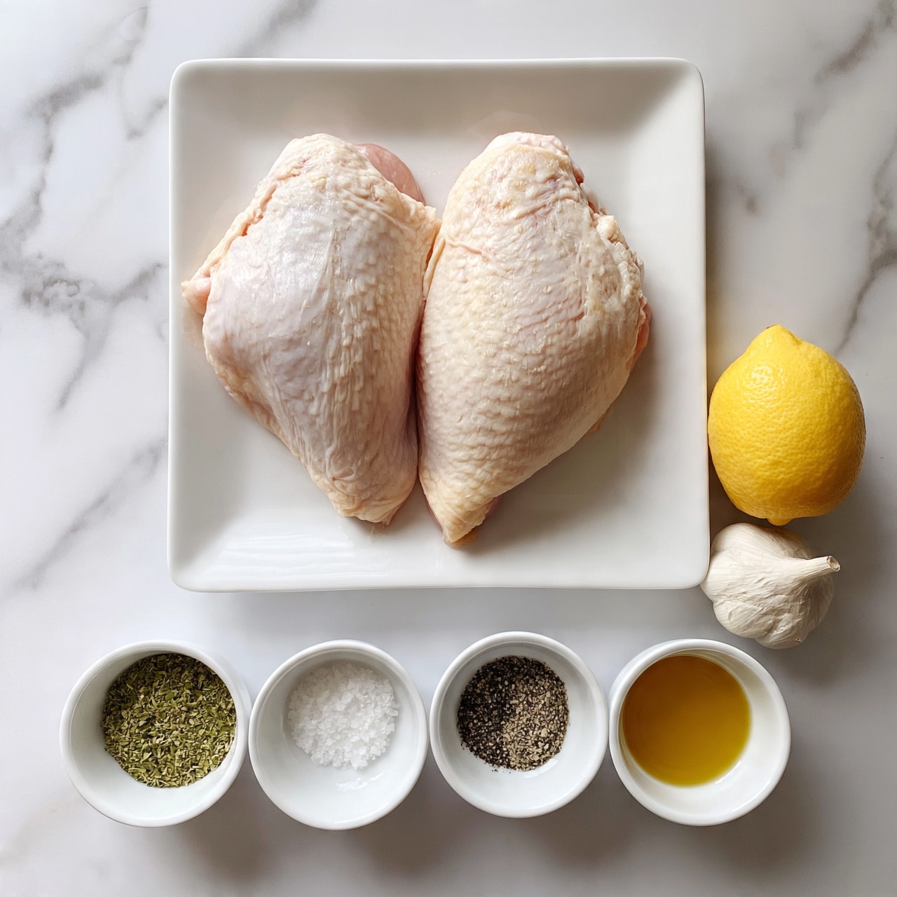 square image The image shows two raw chicken pieces placed side by side on a white square plate, which sits on a white marbled surface. Around the plate, there are six small white bowls arranged in two rows below the plate, each containing a different ingredient: the top row has three bowls with green herbs or spices while the bottom row has salt, black pepper, and a golden liquid that looks like oil. To the right of the plate, there is a whole yellow lemon and a bulb of garlic. The colors are soft and natural, with the pale pink chicken, green herbs, yellow lemon, and white background making the image clear and simple. Photo taken with an iphone --ar 4:5 --v 7