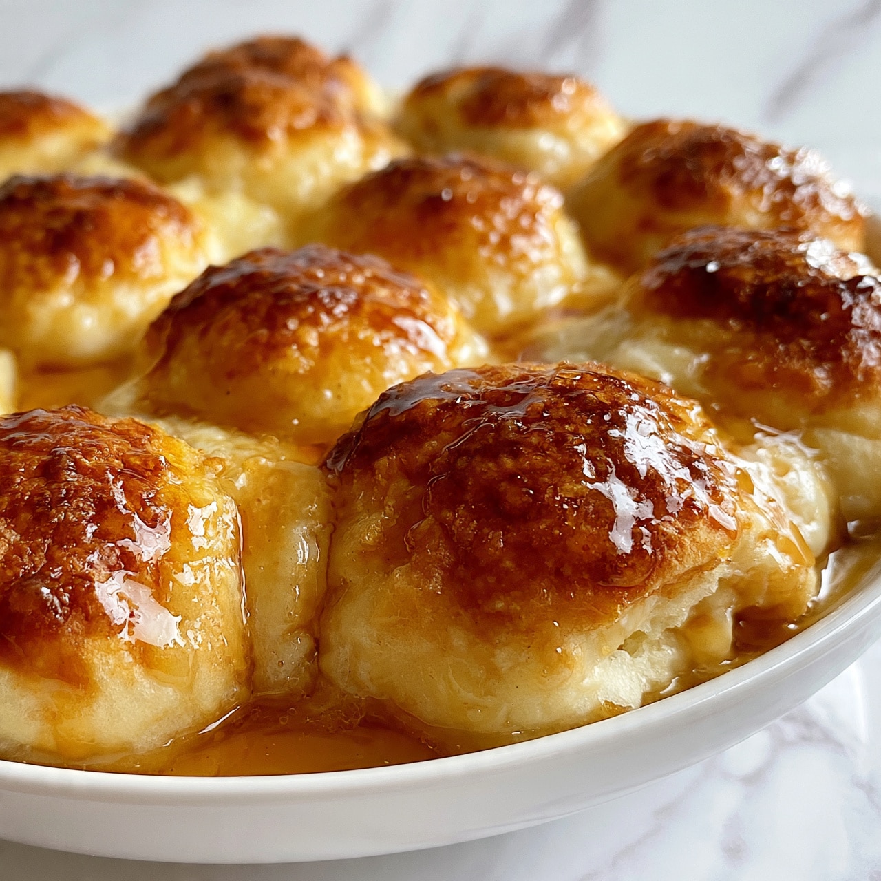 square image The image shows a close-up view of a white round dish filled with golden brown baked bread rolls. The rolls are fluffy and soft with a slightly shiny surface from the syrup or glaze covering them. The syrup is pooled around the rolls and drips down their sides, giving a moist and glossy look. The bread rolls are arranged close together with some overlapping, creating a textured surface of puffy, browned dough and sticky syrup. The background is a white marbled texture. Photo taken with an iphone --ar 4:5 --v 7