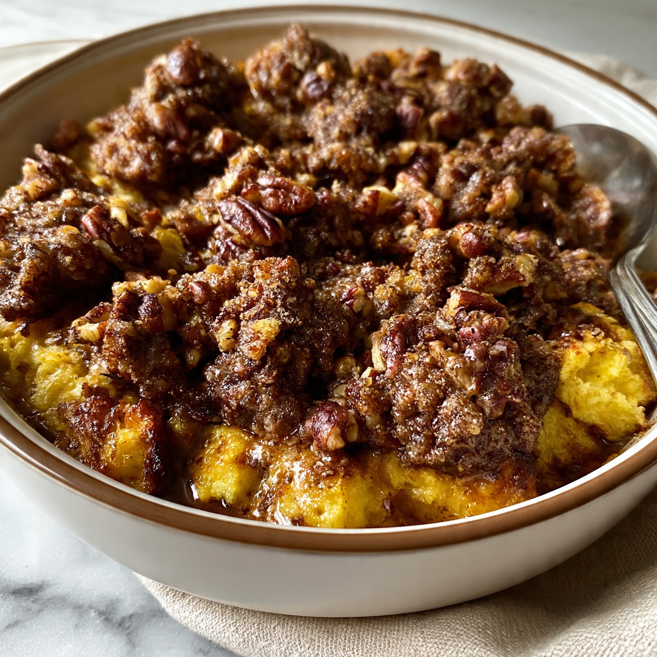square image A white ceramic baking dish with a brown rim holds a bread pudding topped with a thick, crumbly pecan streusel. The bread pieces form a soft golden layer underneath, soaked in a rich sauce that gives a shiny, moist look. On top, the streusel layer is lumpy with chunks of pecans scattered throughout, giving a dark brown and textured contrast to the golden bread. A silver spoon is partially in the dish on the right side, resting in the pudding. The baker’s beige cloth is slightly visible on a white marbled surface beneath the dish. photo taken with an iphone --ar 4:5 --v 7