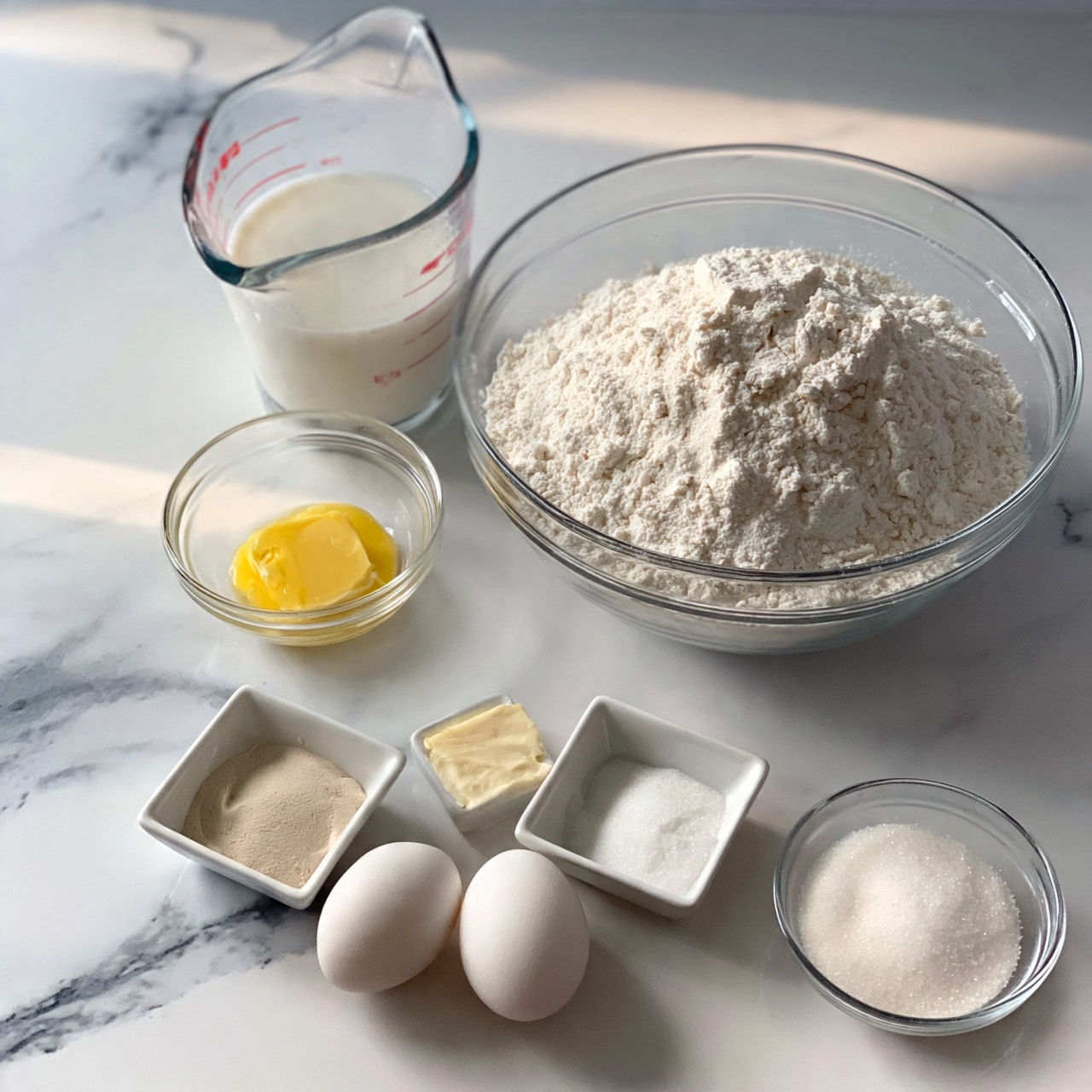 square image A large clear glass bowl filled with white flour sits on the right side of a white marbled surface. Behind it to the left, there is a clear glass measuring cup with milk showing measurement marks in red. In front of the measuring cup is a small clear glass bowl with melted yellow butter. Two white eggs are placed near the middle front. Next to the eggs are two small white square dishes, one containing light beige yeast and the other white salt. On the right front, there is a small clear glass bowl with white sugar. The overall scene shows all ingredients spread out neatly, ready for mixing, photo taken with an iphone --ar 4:5 --v 7