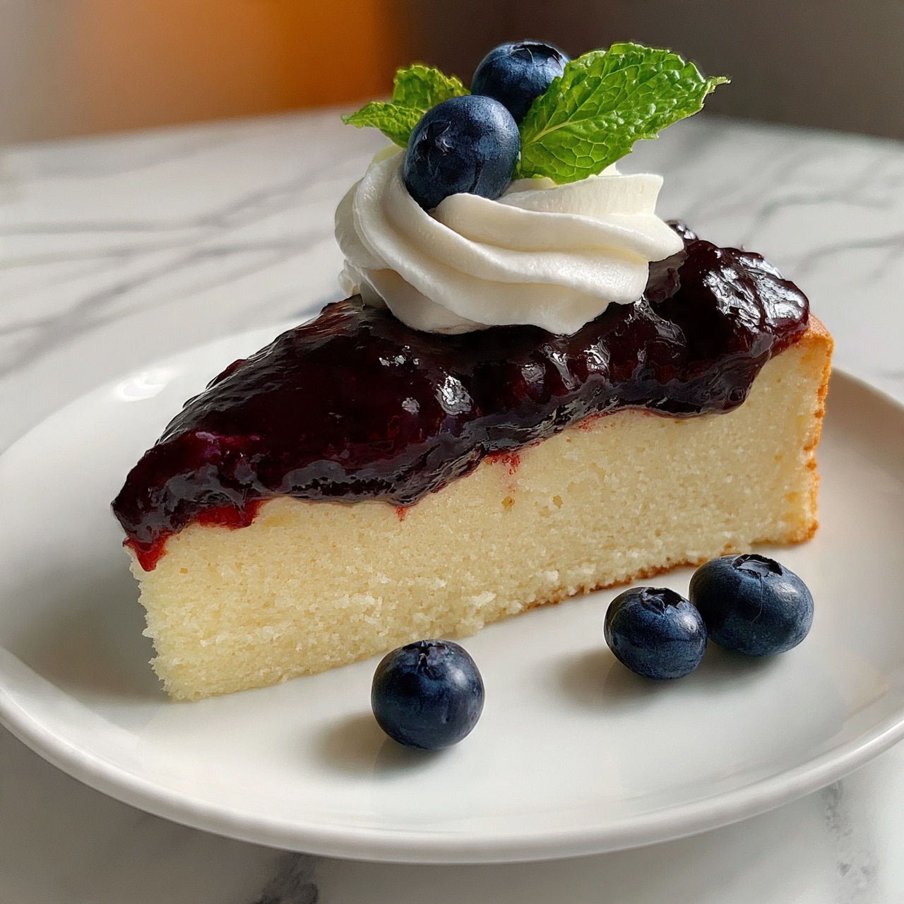 square image A slice of cake with one thick, light-yellow layer topped with a dark purple, glossy berry sauce. On top of the sauce, there is a swirl of white cream with a green mint leaf and two blueberries as decoration. Around the cake on the white plate, there are three loose blueberries. The scene is set on a white marbled surface. The photo is taken with an iphone --ar 4:5 --v 7