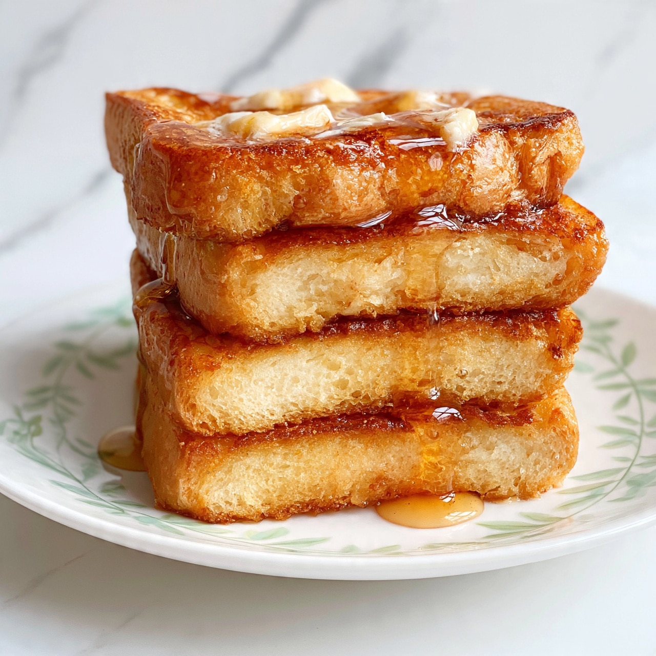 square image The image shows a stack of three thick slices of golden brown toasted bread placed on a white plate with a delicate green leaf pattern. Each toast slice has a slightly crispy texture with a soft center. On the top toast, there are small pats of melting butter and a generous drizzle of amber-colored syrup slowly flowing down the sides of the stacked bread. The background is a white marbled surface. photo taken with an iphone --ar 4:5 --v 7