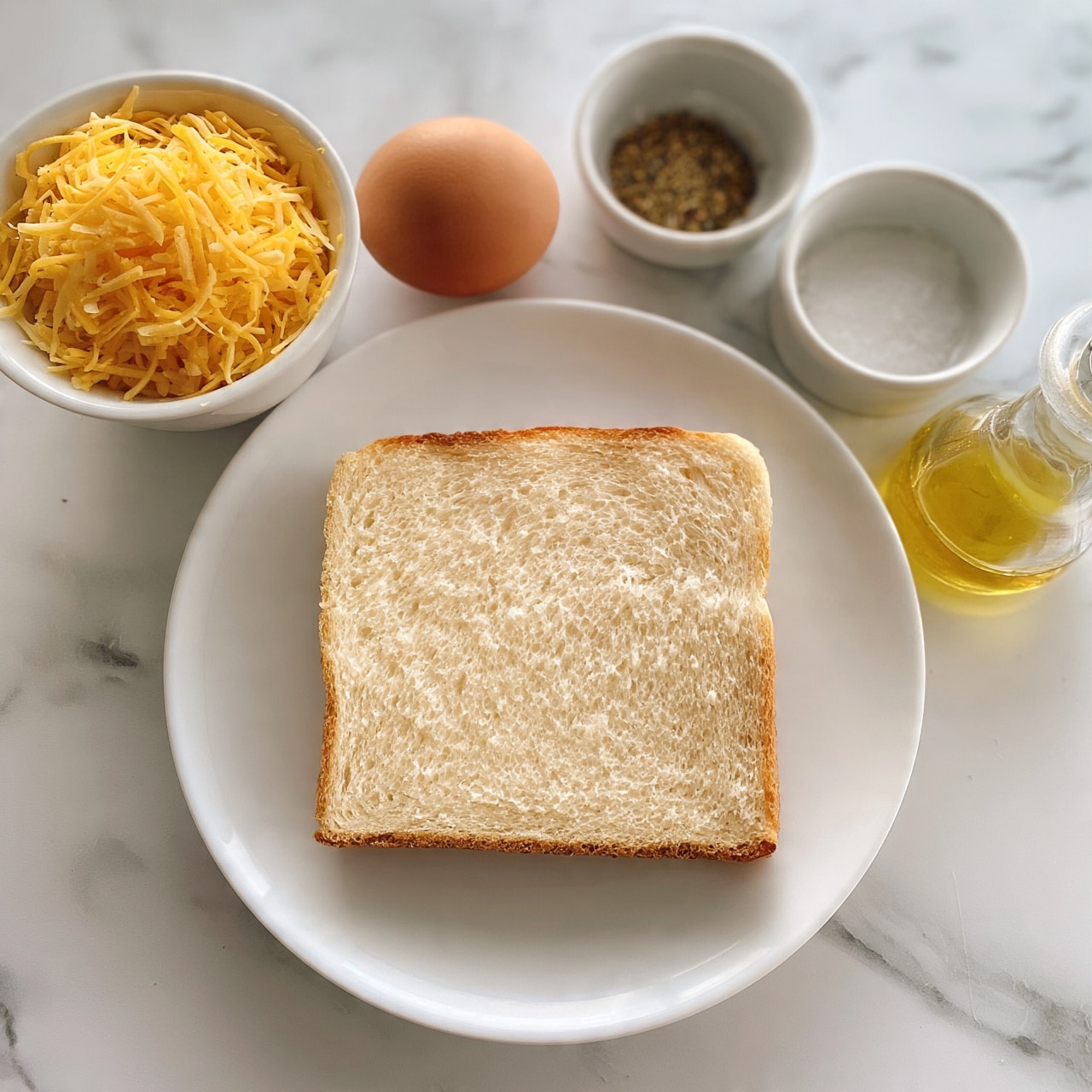 square image The image shows a white plate with a single slice of white bread on it, placed on a white marbled surface. Around the plate, there is a small white bowl filled with shredded cheese, a whole brown egg, a small white bowl containing a mix of spices, a small white bowl with salt, and a small clear glass container with yellow oil. The layers and colors are simple and neat, with the bread soft and light beige, cheese in thin yellow strips, and the egg smooth and brown. photo taken with an iphone --ar 4:5 --v 7