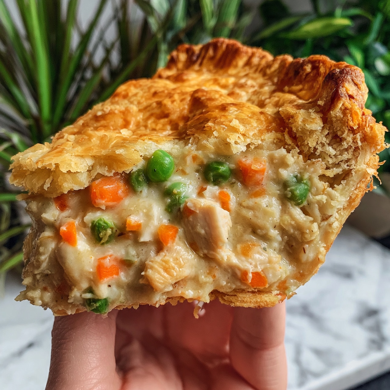 square image A slice of pie with a golden, flaky top crust held by a woman's hand. The slice shows a thick filling with visible small pieces of orange carrots, green peas, and chunks of light-colored chicken mixed with creamy sauce. The pie crust looks crisp and slightly browned on the edges. The background features green plants and a white marbled surface. photo taken with an iphone --ar 4:5 --v 7