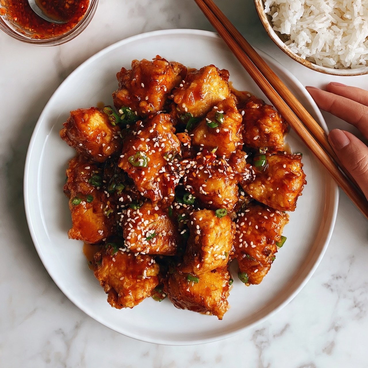 square image A white plate holds a colorful dish made of several pieces of cooked chicken coated in a thick, shiny, reddish-brown sauce. The chicken pieces have a slightly rough texture and are mixed with small green chili slices and white sesame seeds sprinkled evenly on top. The plate is placed on a white marbled surface with a pair of wooden chopsticks resting diagonally on the plate's edge. To the top right of the plate, there is a bowl of white rice with a fluffy texture, and at the top left, a small clear bowl contains more reddish sauce with a spoon. A woman's hand is gently resting near the chopsticks. The scene looks bright and fresh. photo taken with an iphone --ar 4:5 --v 7square image