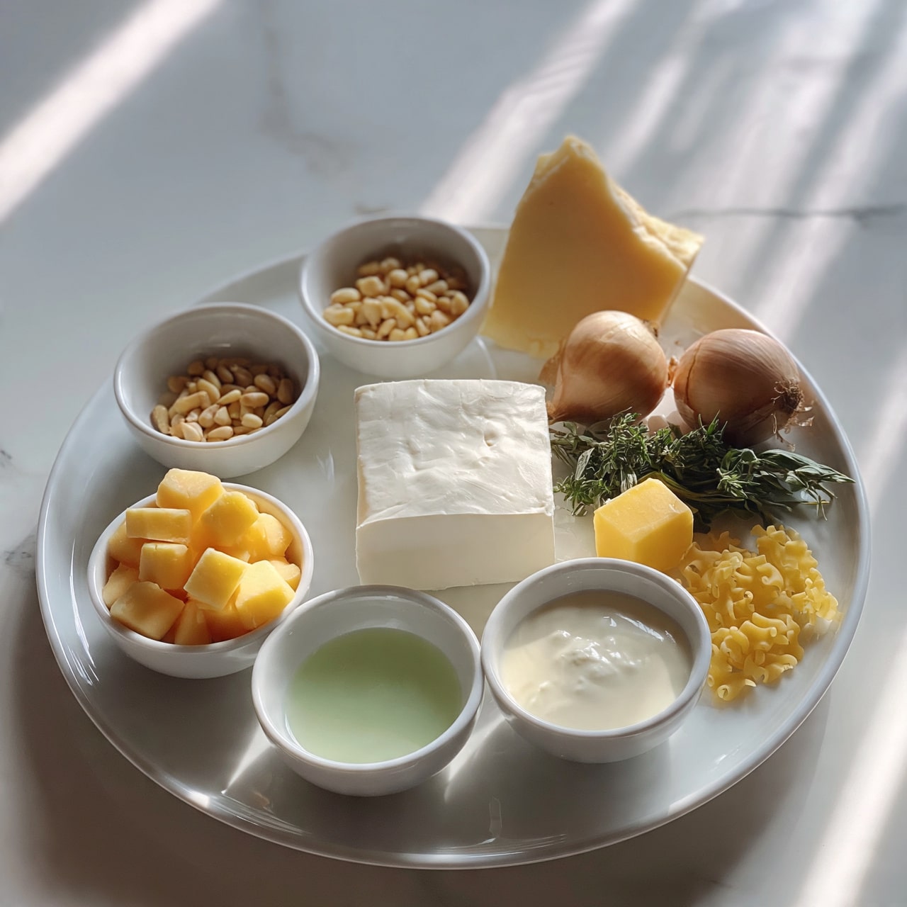 square image The image shows a white plate with a large block of soft white cheese in the center, surrounded by several small white bowls containing cubed yellow cheese, pine nuts, a light green liquid, and a creamy white liquid. Next to the plate and bowls are two shallots, a piece of light yellow hard cheese, a small cube of yellow butter, some fresh green herbs, and a small pile of uncooked yellow pasta. All items are arranged neatly on a white marbled surface with soft natural light. Photo taken with an iphone --ar 4:5 --v 7