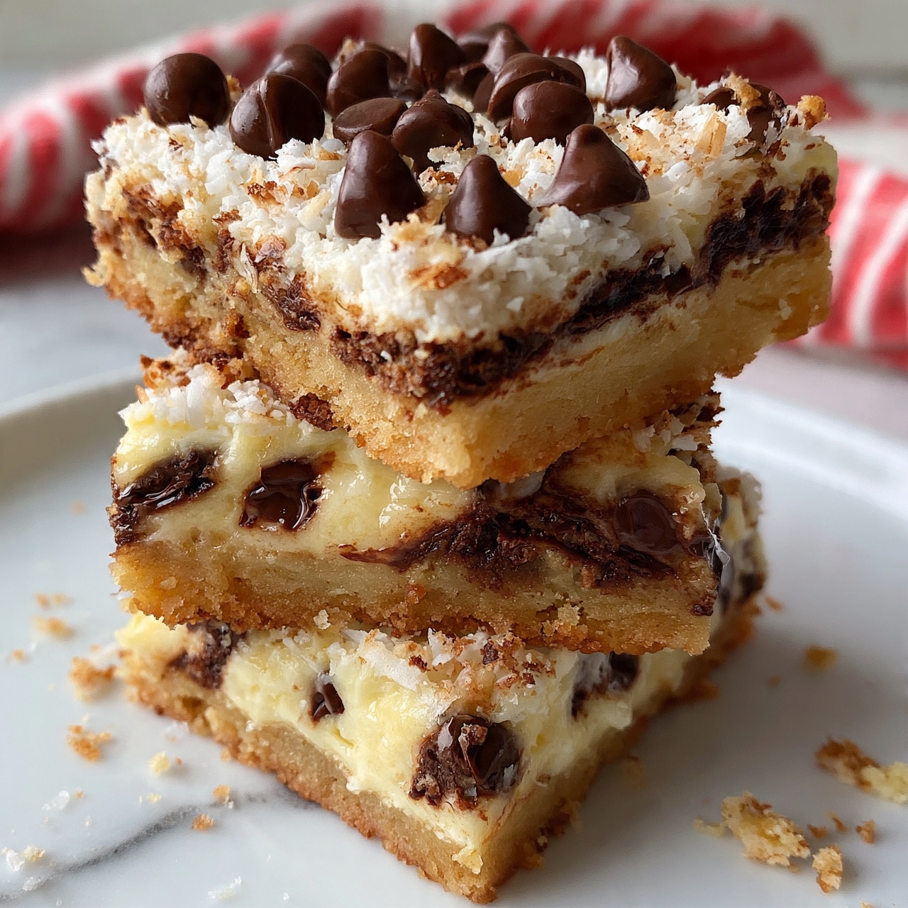 square image  A stack of three dessert bars sits on a white plate with a white marbled background. Each bar has four distinct layers: the bottom is a firm, light brown crumbly crust; above that is a creamy, slightly shiny pale yellow layer with melted chocolate chips and dark brown chocolate swirls mixed in; the top layer is covered with toasted white coconut flakes and scattered dark, glossy chocolate chips. There are some crumbs around the plate, and a red and white striped cloth is blurred in the background. Photo taken with an iphone --ar 4:5 --v 7square image