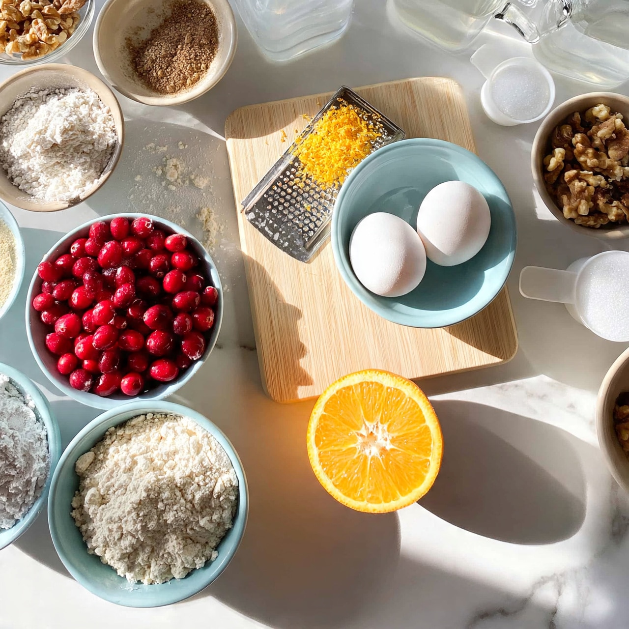 square image The image shows an overhead view of various baking ingredients arranged on a white marbled surface. In the center, there is a light wooden board holding a grater with orange zest on top and two whole white eggs in a light blue bowl. Below this, a halved orange reveals its bright orange interior. To the left, a light blue bowl filled with bright red fresh cranberries stands out, while flour is placed in another light blue bowl beside it. Other small bowls and containers hold walnuts, powdered sugar, a brownish powder, white sugar in a small white measuring cup, and clear liquids in glass jugs. The scene is well-lit, clean, and colorful. Photo taken with an iphone --ar 4:5 --v 7