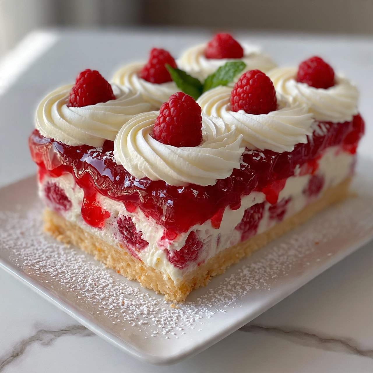 square image A rectangular dessert with three visible layers sits on a white plate over a white marbled surface. The bottom layer is a light golden crumbly crust. Above it is a thick cream layer mixed with whole raspberries, and on top of that is a bright red, glossy raspberry jelly that drips slightly down the sides. The top is decorated with rings of white whipped cream swirled evenly across, each topped with a fresh raspberry, and a small mint leaf rests in the center. The dessert is dusted lightly with powdered sugar around the plate. Photo taken with an iphone --ar 4:5 --v 7