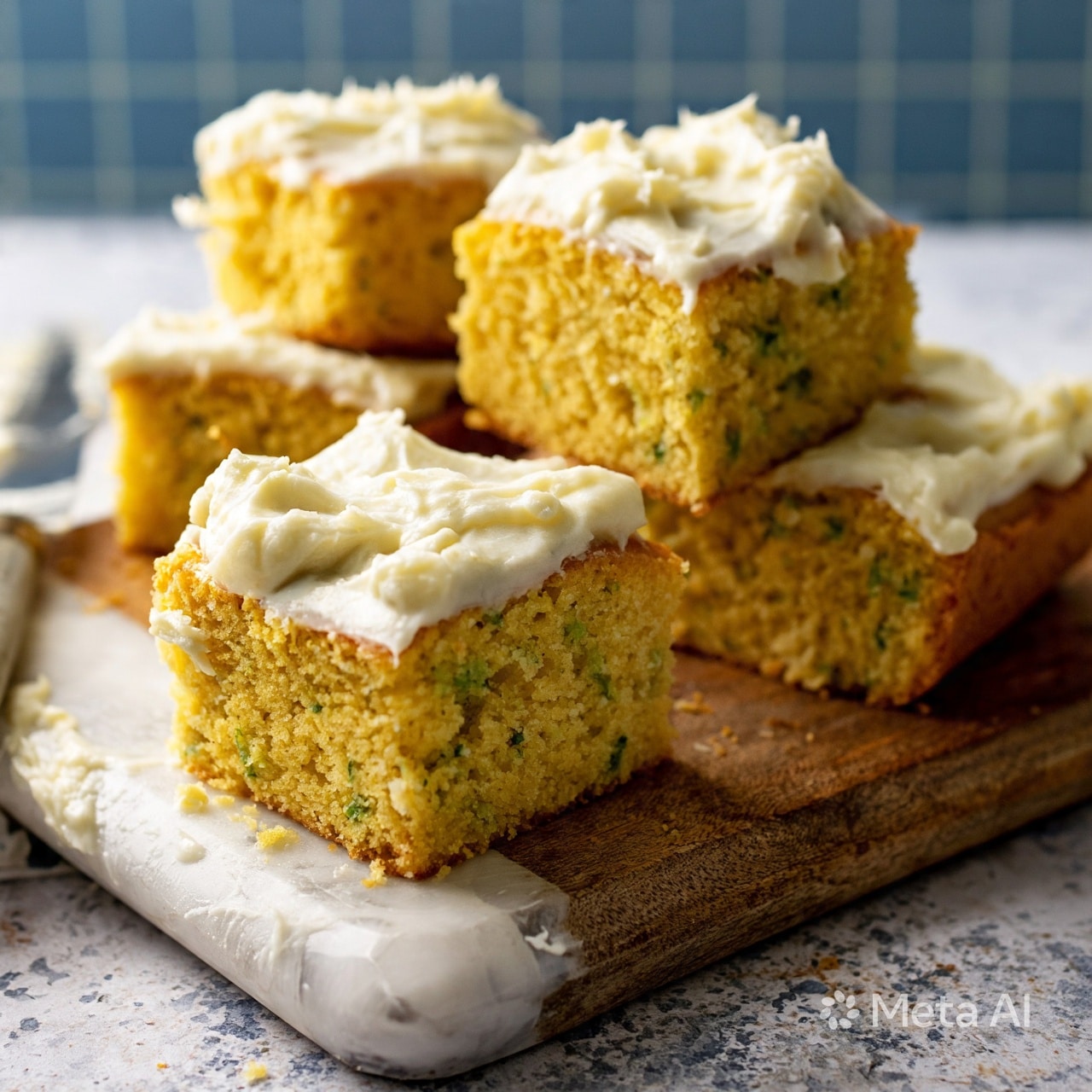 square image The image shows pieces of yellow cake with green specks inside, spread out on a wooden surface. Each piece has one thick layer with a smooth, creamy, white frosting spread unevenly on top. The cake looks soft and moist with the frosting slightly melting at the edges, making it look rich and fresh. There is a white marbled texture under the wooden surface and a blurred blue grid pattern in the background. A knife with some frosting on it lies to the left side of the frame. photo taken with an iphone --ar 4:5 --v 7