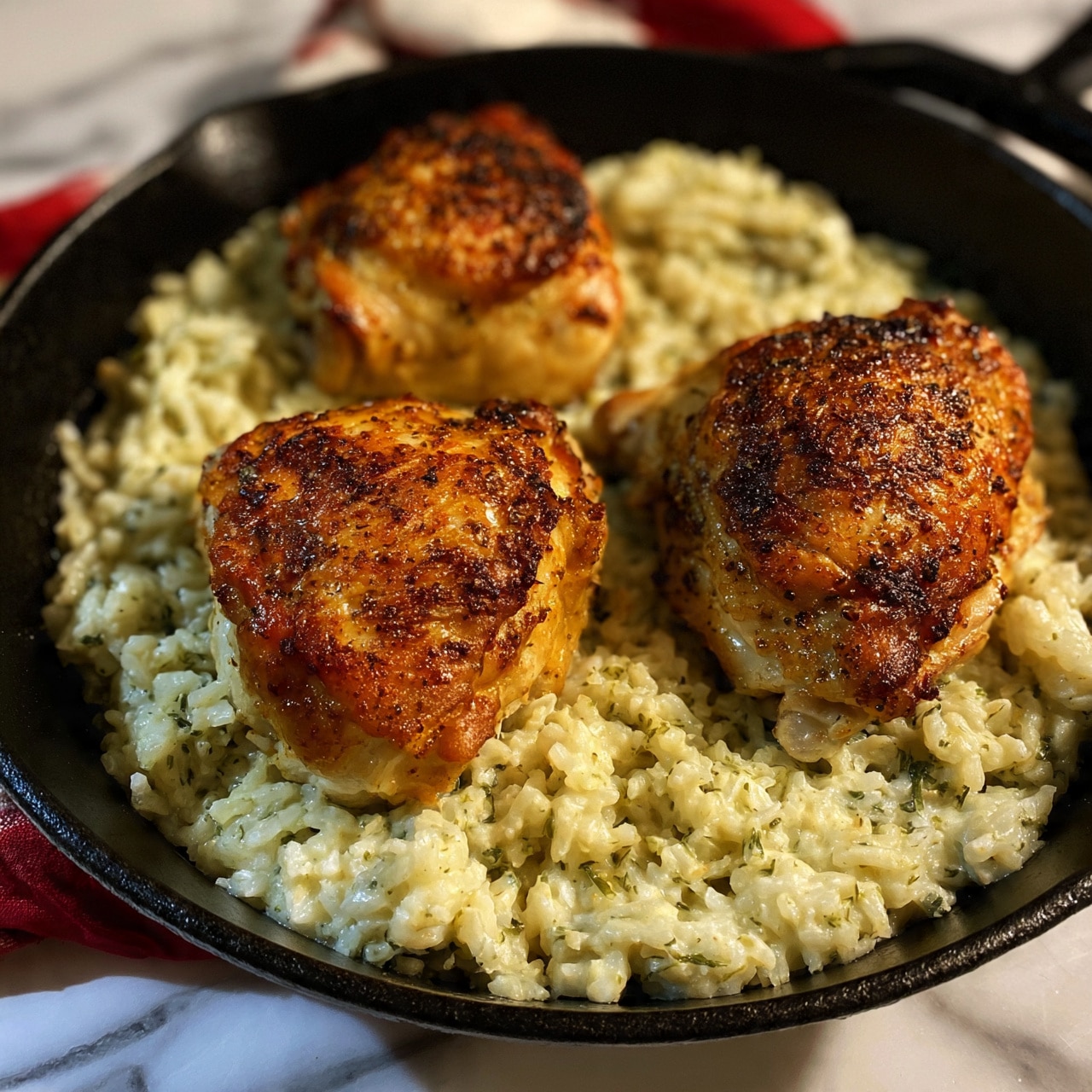 square image A black cast iron skillet holds three golden brown cooked chicken pieces, each seasoned and slightly crispy on the outside, resting on a bed of creamy, green herb rice. The rice looks soft and fluffy, spread evenly across the bottom of the skillet, with flecks of green herbs mixed in. The scene is set on a white marbled surface with a red and white cloth partially visible under the skillet, giving a cozy, warm feeling. The lighting highlights the texture of the chicken skin and the creamy rice beneath. photo taken with an iphone --ar 4:5 --v 7