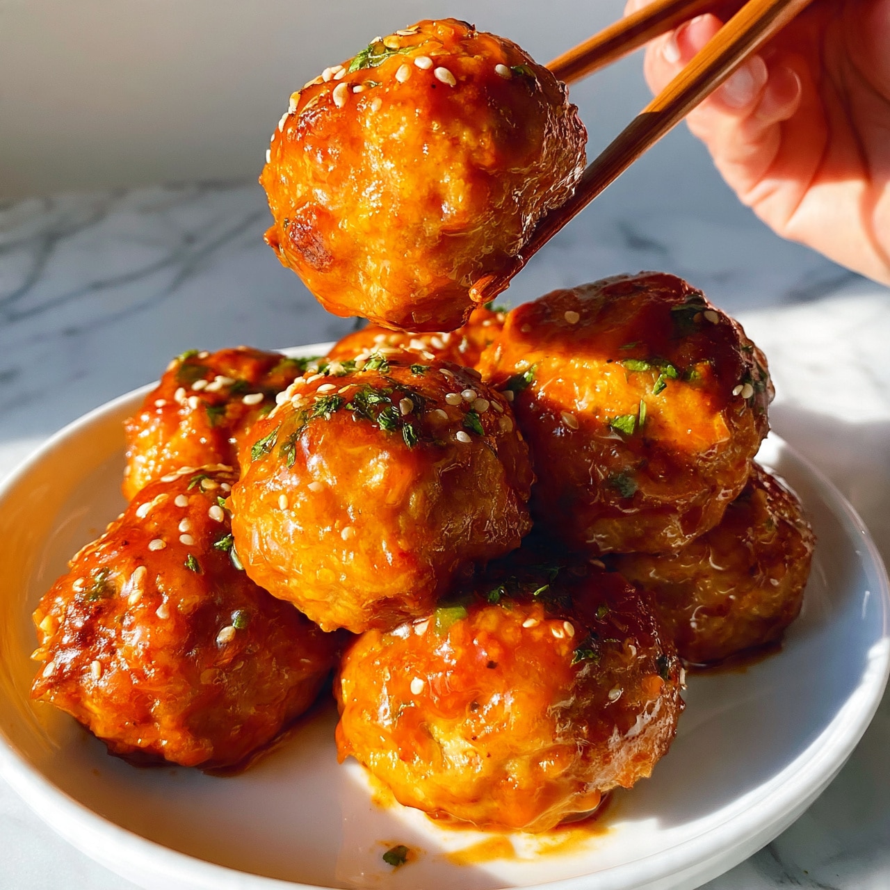 square image The image shows several golden-brown meatballs covered in a shiny, reddish-orange sauce with small white sesame seeds sprinkled on top. Each meatball is round and slightly textured, appearing juicy and tender. Green herb pieces are lightly scattered over the meatballs, adding a touch of color contrast. A pair of wooden chopsticks held by a woman's hand is picking up one meatball, hovering above the others. The meatballs sit on a simple white plate placed on a white marbled surface. The lighting highlights the glossy sauce and the fresh look of the herbs, creating a warm and appetizing feeling. photo taken with an iphone --ar 4:5 --v 7