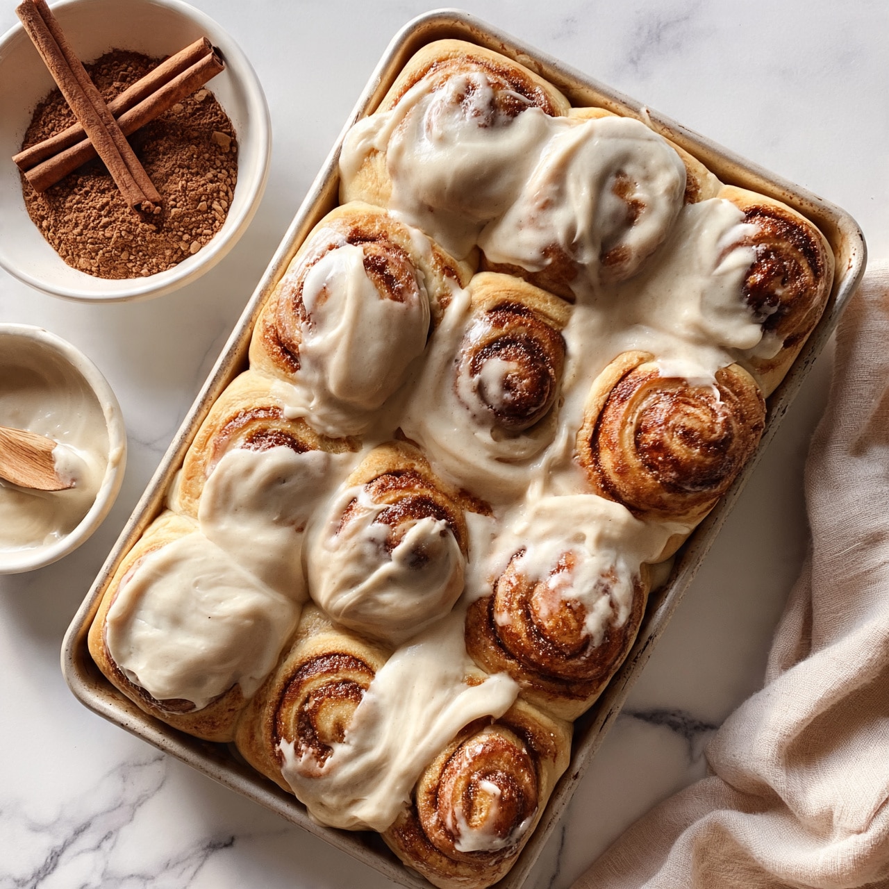 square image The image shows a tray of twelve cinnamon rolls baked golden brown, each topped with a thick layer of creamy white icing that is smoothly spread and slightly melting into the swirls. The rolls are tightly packed in the tray, with visible cinnamon spirals within the dough. On the left side, there is a white bowl filled with brown cinnamon powder and two cinnamon sticks crossed on top. A small white bowl with a wooden spoon contains more icing. The tray rests on a white marbled surface with a soft beige cloth partially covering the corner. Photo taken with an iphone --ar 4:5 --v 7