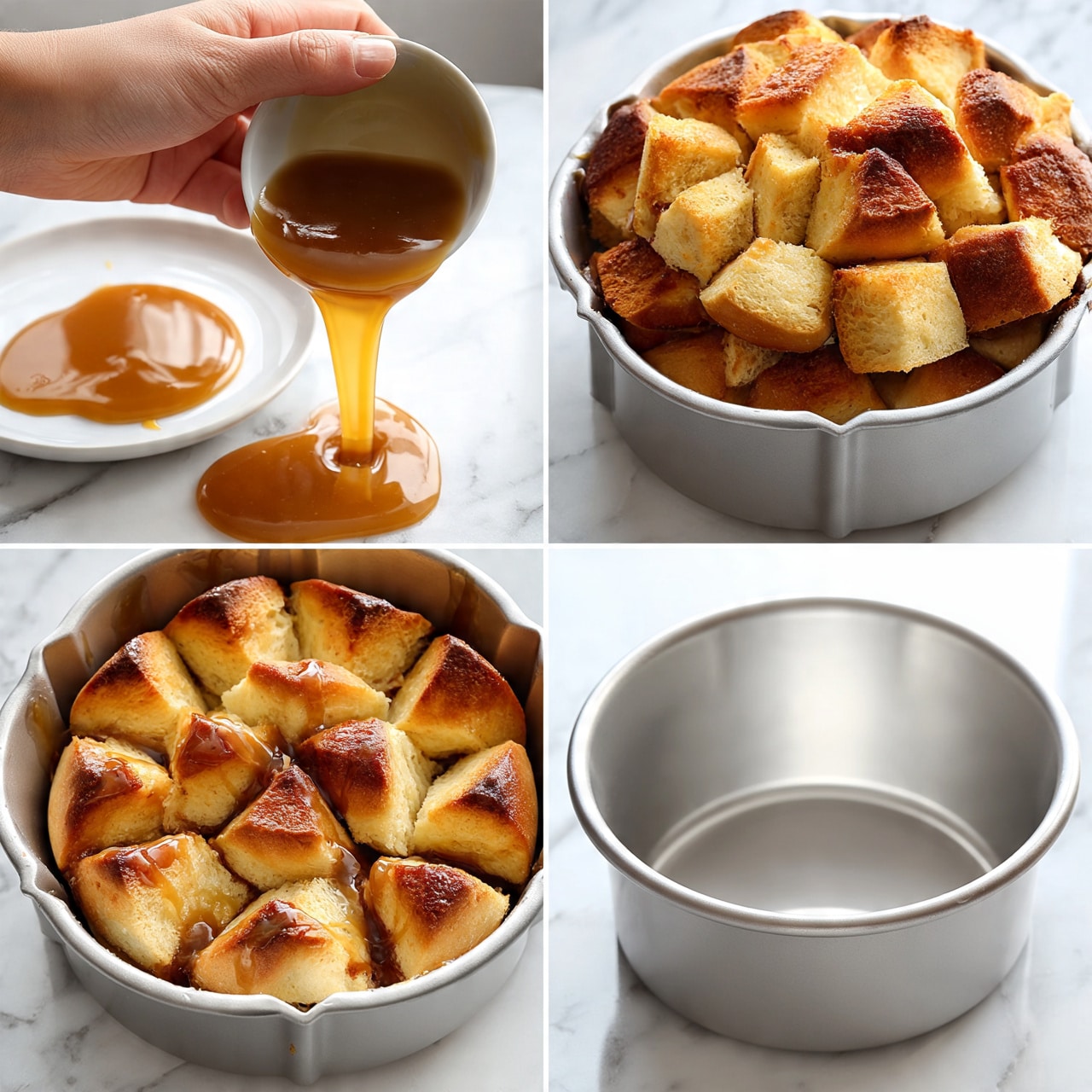 square image The image shows a four-step process of making a layered pull-apart bread in a silver bundt pan placed on a white marbled surface. The first step features a white plate with a thick caramel or syrup sauce, golden brown and glossy in texture, being poured by a woman's hand. The second step shows triangular bread pieces arranged in a circular pattern at the bottom of the bundt pan, each piece golden brown with soft texture and some drizzled with the same caramel sauce. The third step continues the layering with more bread pieces stacked on top, filling the pan evenly with a variety of golden shades and a soft, slightly crusty texture. The fourth step presents the empty clean silver bundt pan, showcasing its shiny and smooth metallic surface. photo taken with an iphone --ar 4:5 --v 7