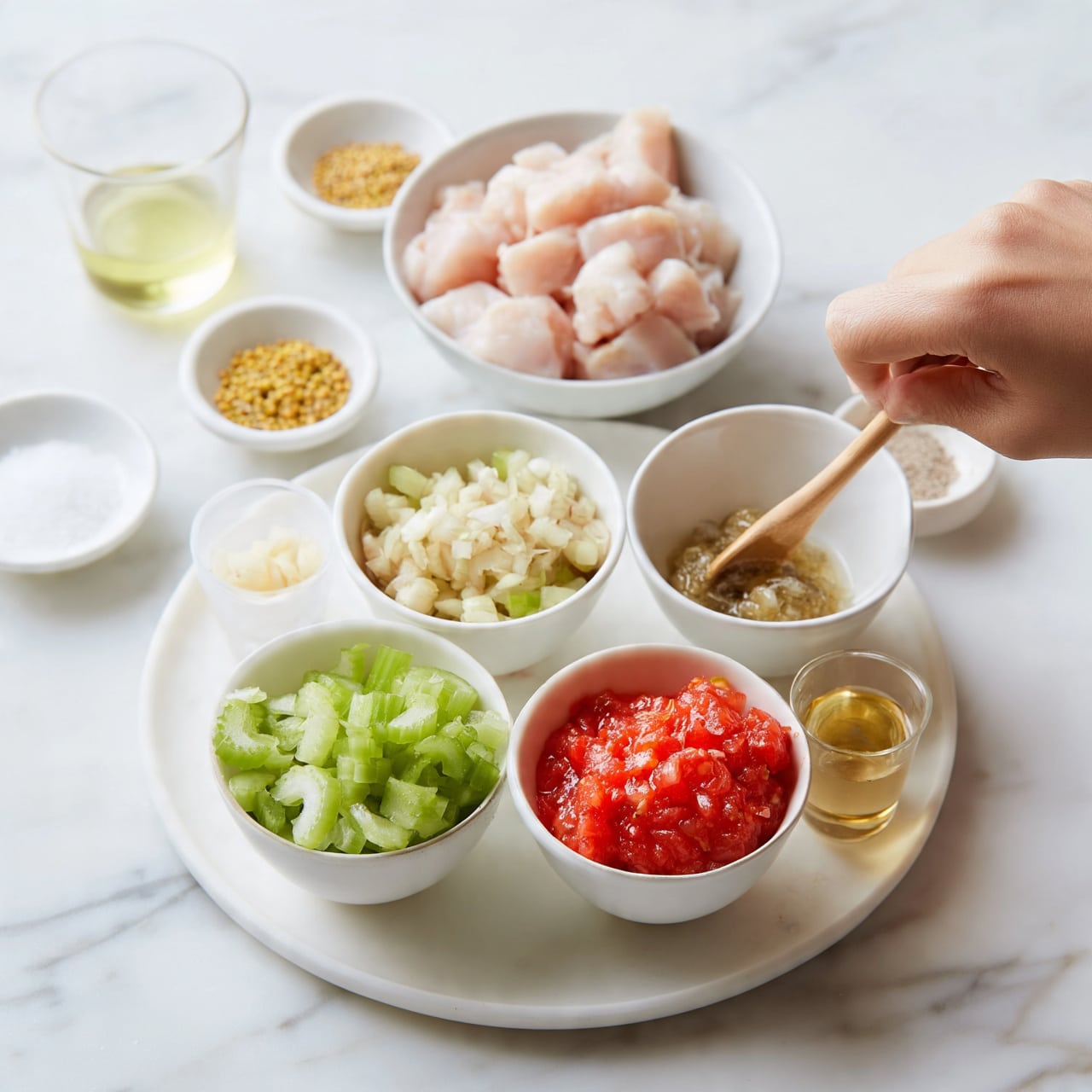 square image The image shows a white marble surface with various small white bowls and glasses containing cooking ingredients arranged on it. On a round white plate at the front, there is a bowl filled with chopped green celery, another bowl with chopped onions, a bowl of bright red tomato sauce, a small glass of golden liquid, and a woman’s hand holding a wooden spoon stirring something inside a white bowl. Behind this plate, there is a larger bowl with diced pale pink chicken pieces, a small bowl of yellow mustard seeds, a clear glass with light yellow oil, and a small dish of white salt. The colors are vibrant with the contrast of the fresh ingredients against the clean white marble background. Photo taken with an iphone --ar 4:5 --v 7