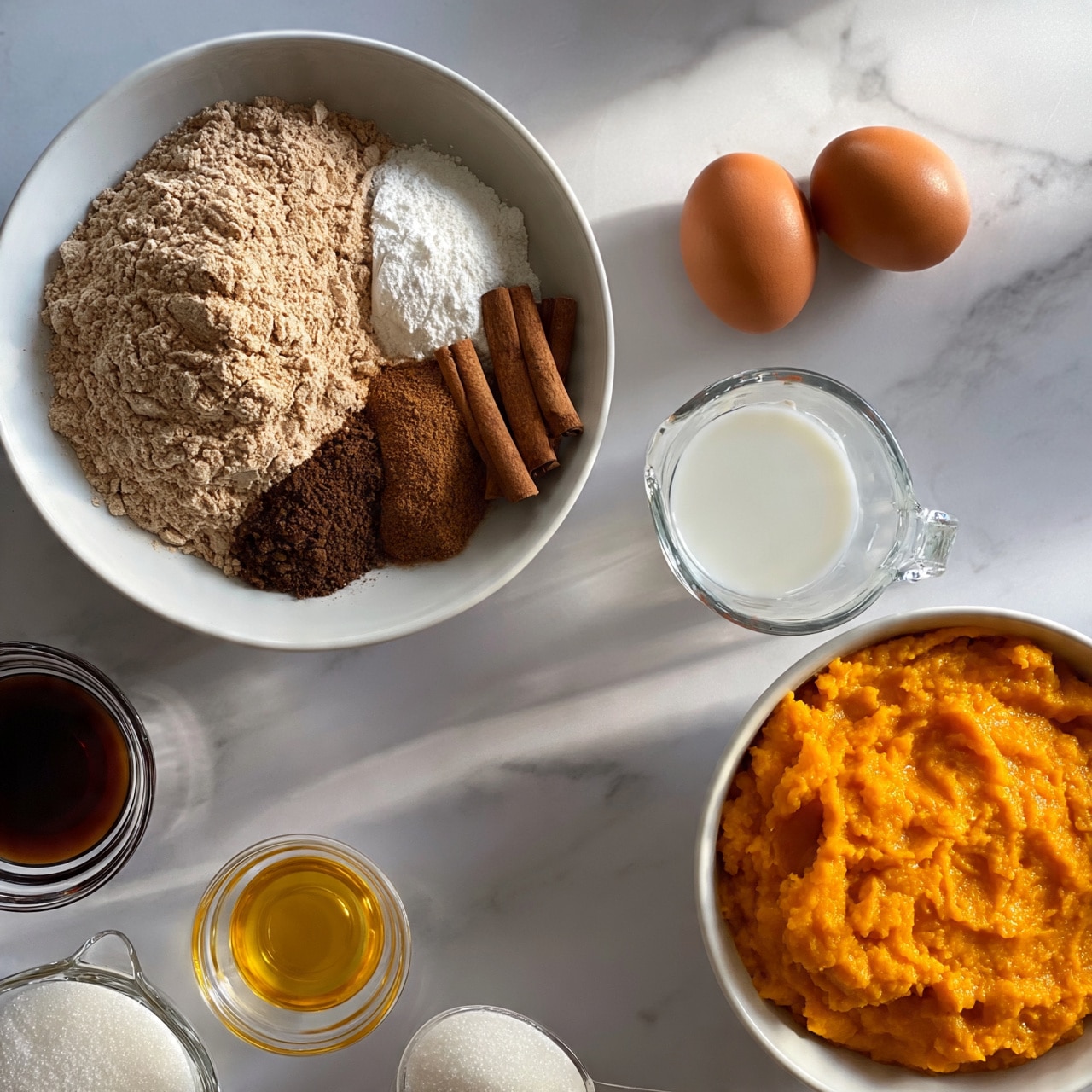 square image A white bowl holds several dry ingredients layered side by side: light brown flour on the left, a small section of white powder to the right, and three spices in a row at the bottom—from dark brown on the left to cinnamon and another brown spice on the right. To the right of this bowl, two brown eggs sit on a white marbled surface. Below the eggs, a clear glass measuring cup filled with a white liquid is placed. In the bottom right is a white bowl filled with bright orange pureed pumpkin. Scattered to the bottom left are a small clear glass bowl with dark brown liquid, a small clear bowl with golden yellow oil, and a measuring cup filled with granulated white sugar. Photo taken with an iphone --ar 4:5 --v 7