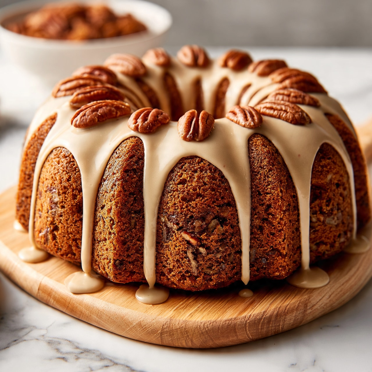 square image A round bundt cake with a rich brown color sits on a light wood board over a white marbled surface. The cake shows textured layers with bits of pecans visible throughout its dense body. The top is decorated with whole pecans evenly spaced, and a light beige glaze drizzles down in thin streaks over the cake’s curved ridges, some drops falling onto the wood board. In the background, a white bowl holds more pecans blurred softly. Photo taken with an iphone --ar 4:5 --v 7