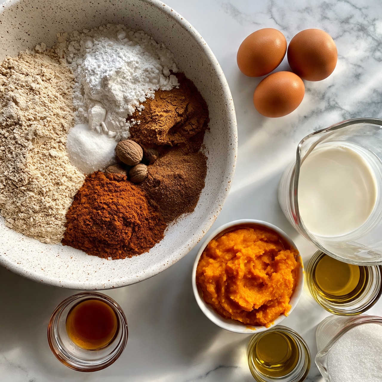square image A white speckled bowl holds six dry ingredients arranged in separate sections: light beige flour, white baking soda and powder, brown cinnamon, darker brown nutmeg, and reddish-brown pumpkin pie spice. To the right on a white marbled surface are two brown eggs and a clear glass measuring cup filled with creamy white liquid. Below, a small white bowl contains smooth bright orange pumpkin puree. Around it are a small glass bowl with amber vanilla extract, a small glass bowl with golden olive oil, and a measuring cup half full with white granulated sugar. photo taken with an iphone --ar 4:5 --v 7