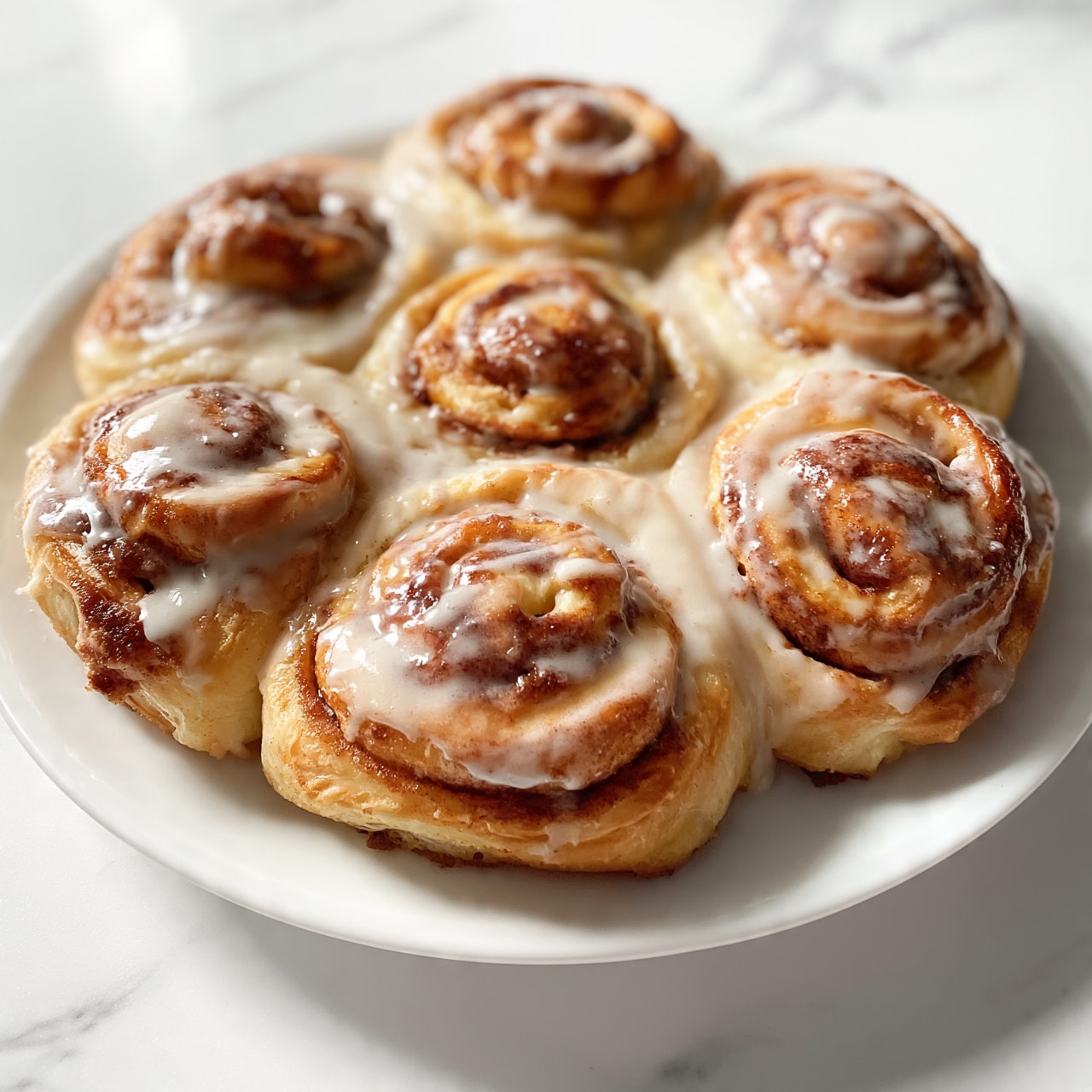 square image A white plate with a round arrangement of cinnamon rolls closely placed next to each other, with eight visible rolls covered lightly with a smooth, creamy icing that glistens slightly on top. The cinnamon rolls are golden brown with a flaky texture around the edges and soft swirls in the center showing cinnamon filling. The plate sits on a white marbled surface. photo taken with an iphone --ar 4:5 --v 7