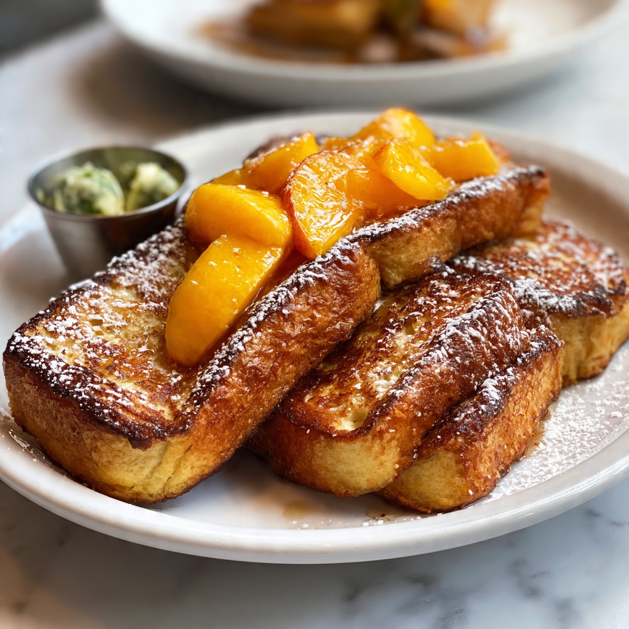 square image The image shows a white plate filled with several thick, golden-brown French toast slices arranged in a slightly overlapping stack. On top of the toast, there are bright orange peach slices glistening with syrup and dusted with light powdered sugar. To the side, a small metallic cup contains greenish butter pats. The plate sits on a white marbled surface, with a second white plate in the background holding additional food but out of focus. The textures show the French toast's crispy edges and soft centers with juicy peach slices adding color contrast. Photo taken with an iphone --ar 4:5 --v 7
