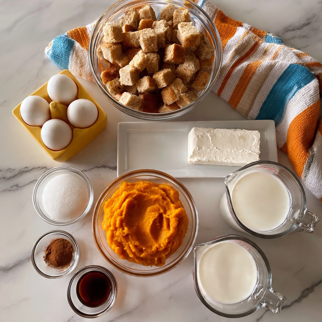 square image The image shows ingredients laid out on a white marbled surface for making a dish. There is a large glass bowl filled with small cubes of light brown bread, a yellow carton holding four white eggs, and a striped cloth with orange, blue, and white stripes next to it. Near the bread bowl, there is a white rectangular plate with a block of white cream cheese. In the front, there is a clear glass bowl filled with bright orange pumpkin puree, a smaller bowl of white sugar, a tiny bowl with brown cinnamon powder, and a small bowl with dark brown vanilla extract. There are also two glass measuring cups with thick white liquids, likely milk or cream, one larger than the other. The setup is neat and bright. Photo taken with an iphone --ar 4:5 --v 7