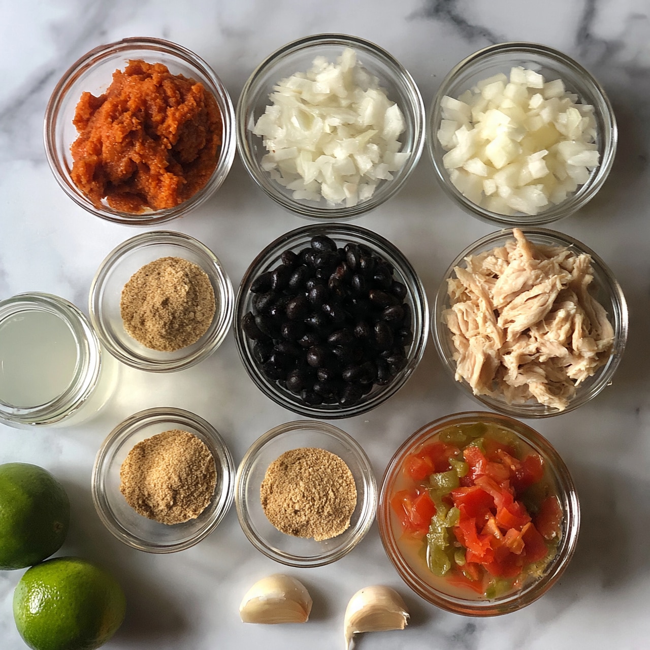 square image This image shows many small clear glass bowls arranged on a white marbled surface, each holding different ingredients. There is a bowl with dark black beans in the middle surrounded by bowls with reddish-orange mash, chopped white onions, shredded light beige meat, chopped red tomatoes and green peppers in liquid, light brown spices in three bowls, a pale clear liquid in a jar, and two peeled garlic cloves on the surface. In the lower left corner, there are two green lime halves next to the bowls. Everything is neat and spaced out on the white marbled background. Photo taken with an iphone --ar 4:5 --v 7