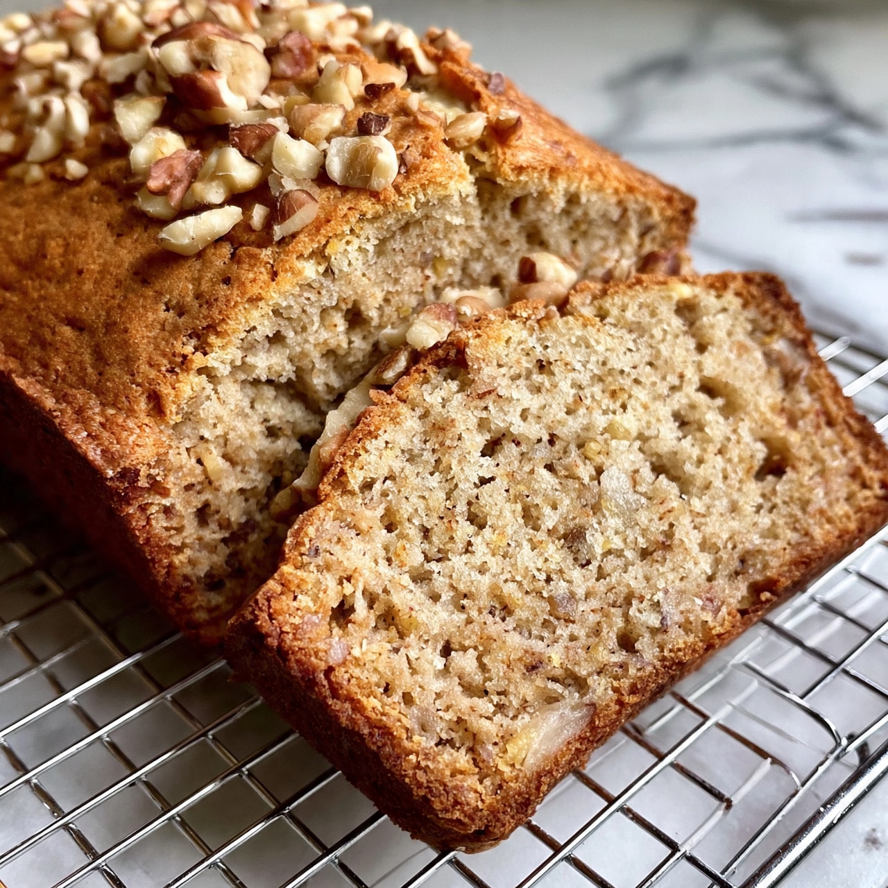 square image The image shows a loaf of banana bread with pieces of chopped nuts on top. The loaf has been sliced, revealing the inside texture which is light brown with small bits of banana and nuts scattered throughout. The bread has a slightly rough surface with a golden-brown crust. The loaf is placed on a wire cooling rack that rests on a white marbled surface. Photo taken with an iphone --ar 4:5 --v 7