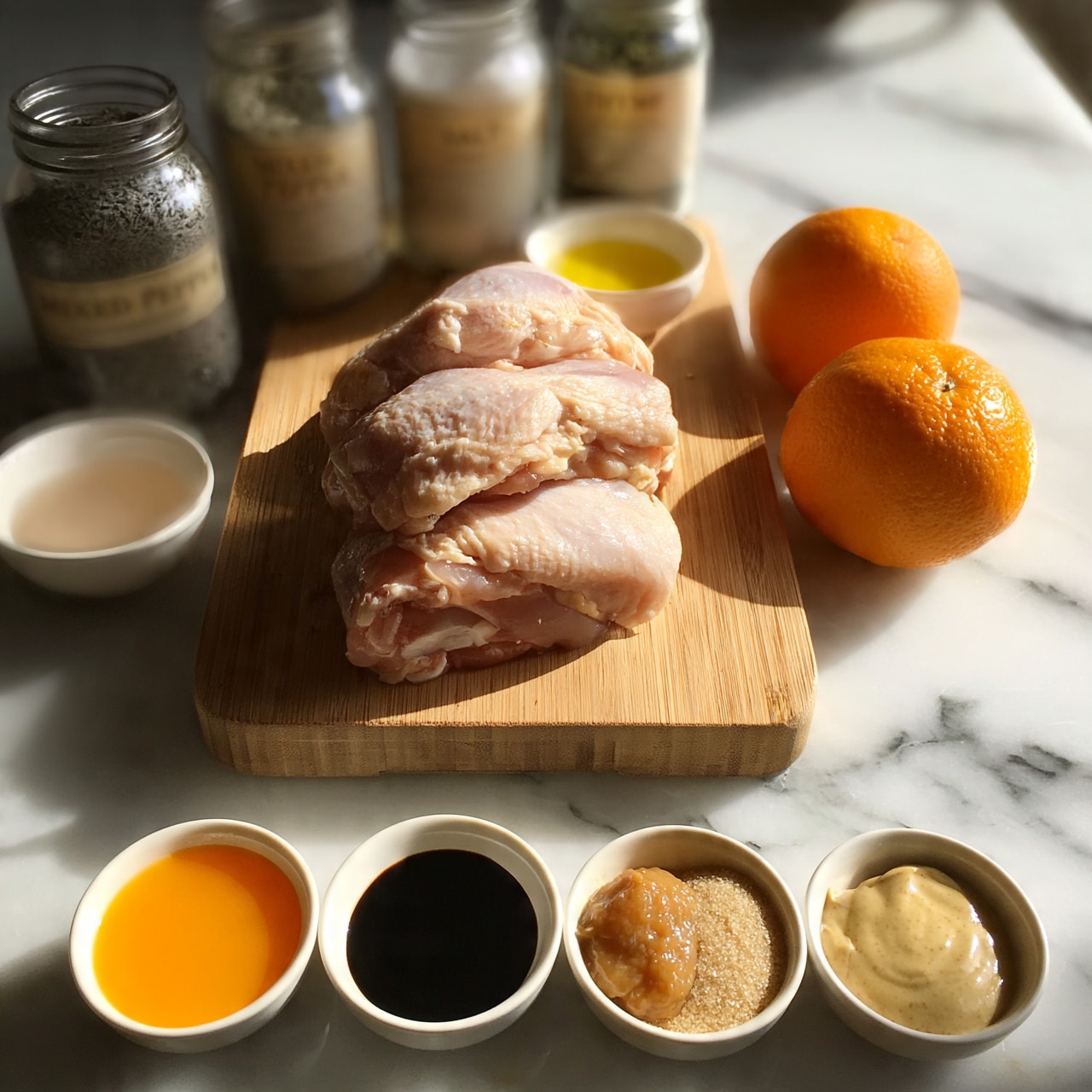 square image The image shows a wooden board with three raw chicken pieces stacked slightly overlapping on it, light pink in color. Surrounding the board are glass jars with spices, each labeled, containing mixed pepper, salt, and thyme, all grayish or beige in color. There is a small white bowl with a light liquid, and another small white bowl nearby with a small amount of yellow oil. Two whole bright orange oranges are placed on the white marbled surface on the side. In the front of the image, there are small white bowls with bright orange juice, dark soy sauce, light brown paste, sugar, and pale light brown mustard, all arranged neatly on the white marbled surface. Photo taken with an iphone --ar 4:5 --v 7