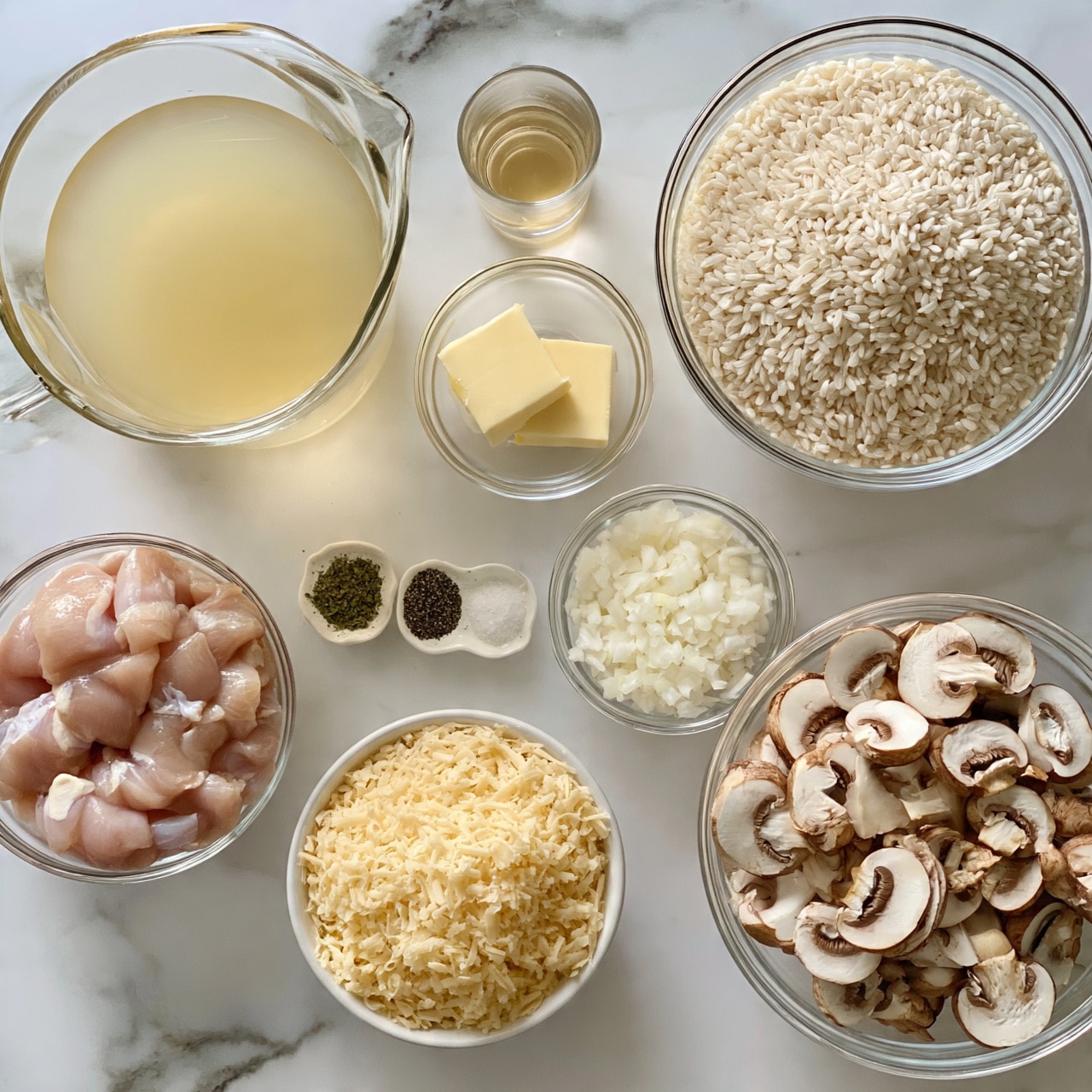 square image The image shows several clear and white bowls arranged neatly on a white marbled surface, filled with different ingredients. At the top left, a large clear measuring cup holds a pale yellow broth. To the right, a small clear glass contains a light golden liquid. Next to it, a large clear bowl is filled with uncooked white rice grains. Above the center, a small clear bowl holds two square pieces of pale yellow butter. At the bottom left, a medium clear bowl contains raw pink chicken pieces. Near it, a white bowl has a mound of shredded light yellow cheese. To the right of this, another clear bowl has finely chopped white onions. At the bottom right, a larger clear bowl holds many half-sliced brown mushrooms with white interiors. Centered in the image, three tiny dishes hold small amounts of green herbs, black pepper, and salt respectively. The scene is bright and clean, with all ingredients clearly visible. photo taken with an iphone --ar 4:5 --v 7