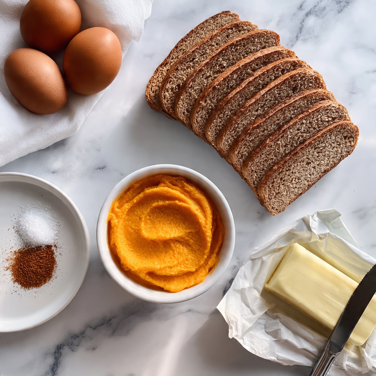 square image The image shows a top view of a white marbled surface with several food items arranged neatly. At the top right, there is a stack of sliced brown bread laying in a slightly curved line. Below and to the left of the bread, a small white bowl is filled with a smooth, bright orange spread. To the left of this bowl, there is a small pile of salt and a small amount of brown powdered spice on a white plate. In the bottom right corner, there is an open wrapper of pale yellow butter with a silver knife resting on it. Near the upper left corner, three brown eggs are placed close together, partially touching a white cloth. The overall scene has a soft natural light. Photo taken with an iphone --ar 4:5 --v 7