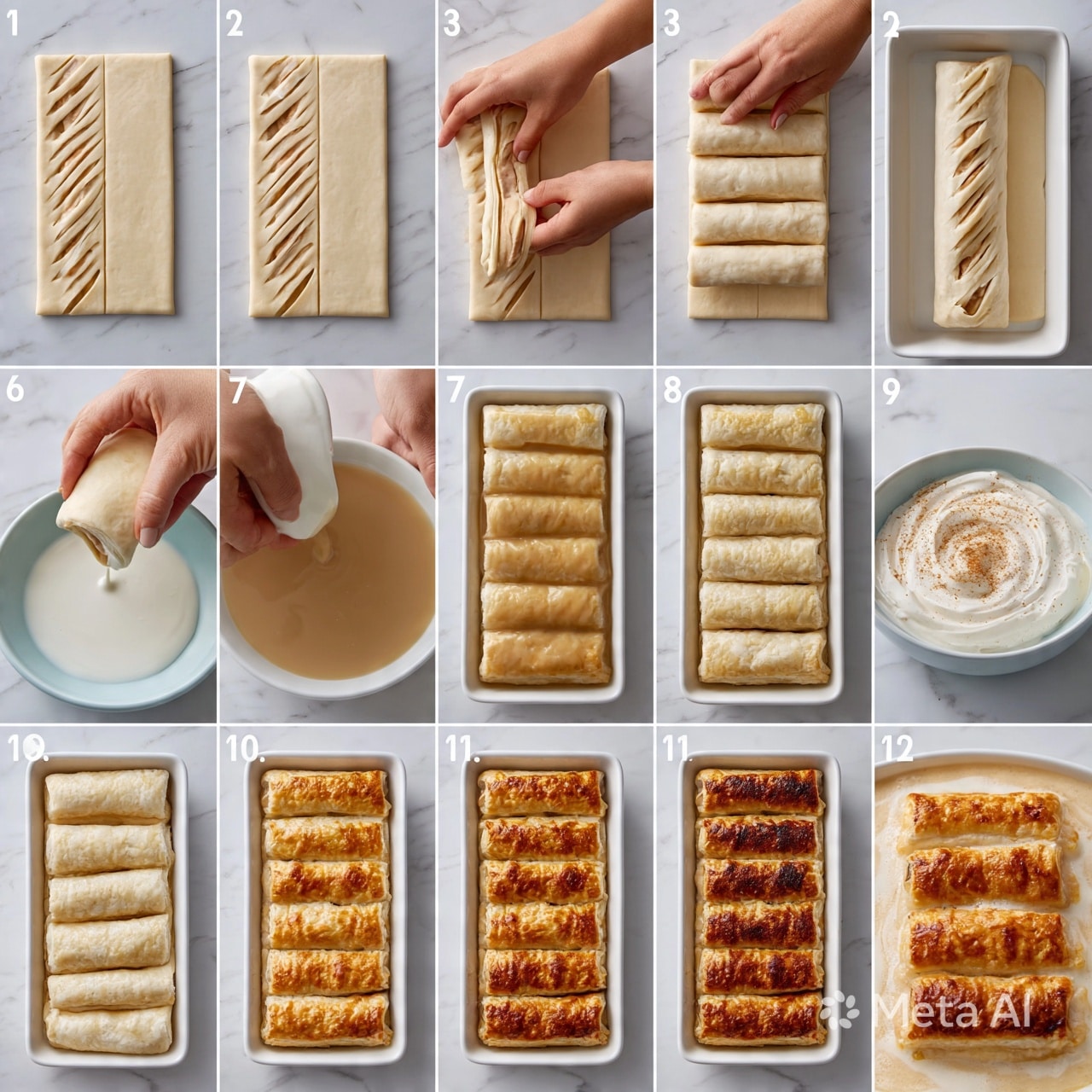 square image The image shows a step-by-step visual of making a pastry dish arranged in a 12-part grid on a white marbled surface. In the first four steps, light beige rectangular dough pieces are laid out with diagonal cuts to create thin strips on one side, while the other side holds a light filling, with a woman's hand wrapping the dough around the filling strips. Step five displays multiple neatly wrapped dough pieces lined up inside a white rectangular baking dish. Step six shows a woman's hand holding one folded piece over a light blue bowl filled with a creamy white liquid. Step seven captures a close-up of the light brown sauce being poured from a white bowl onto the dough rolls in the baking dish. Step eight highlights the rolls soaked with the sauce, appearing glossy and slightly darker. Step nine presents the rolls served in a white bowl, topped with a swirl of creamy white sauce and a light brown sprinkle. Steps ten and eleven show the same baking dish with the rolls baked to a golden brown, with step eleven showcasing the final darker top crust. The visuals emphasize the transformation from raw dough to a baked golden pastry with creamy sauce. Photo taken with an iphone --ar 4:5 --v 7square image