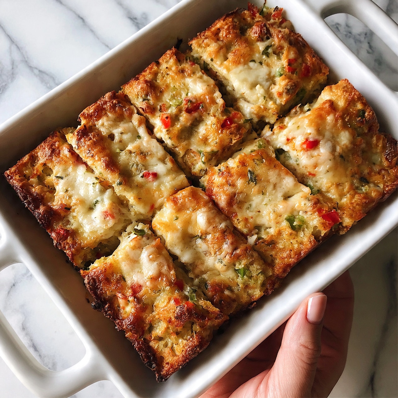 square image The image shows a white rectangular baking dish filled with a baked casserole that is sliced into several even pieces. The casserole has a golden-brown top layer with visible melted cheese that looks creamy and slightly bubbly. Small pieces of red and green vegetables, possibly bell peppers and herbs, are scattered across the surface, adding color and texture. The edges of the casserole are slightly browned, showing crispiness, and the inside layers appear soft and moist, with a mixture of ingredients under the cheese. The dish is placed on a white marbled surface, and a woman's hand is gently holding the side of the dish. Photo taken with an iphone --ar 4:5 --v 7