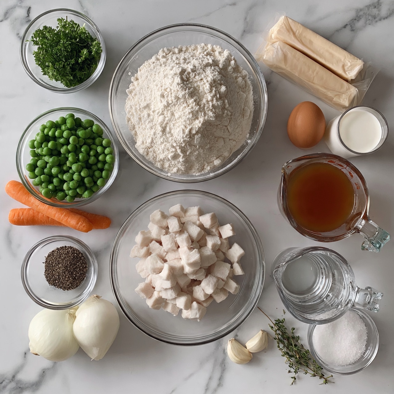 square image A white marbled surface holds several clear glass bowls and containers with cooking ingredients arranged neatly. In the center, there is a large bowl with small white meat cubes. Above this, a bigger bowl is filled with white flour. To the left, a small bowl contains bright green peas, next to two orange carrots lying flat. Below the peas is a small glass bowl with ground black pepper and a whole white onion placed beside it. Above the onion is a small bowl of fresh green parsley leaves. To the right of the meat bowl, there is a clear measuring cup filled with brown broth and below it another smaller measuring cup holding clear water. Two sticks of unsalted butter wrapped in light beige packaging are placed above the broth jug, next to a single brown egg and a small glass of milk. Near the bottom right corner, two peeled garlic cloves and a few sprigs of fresh thyme rest next to a small bowl filled with white salt. Photo taken with an iphone --ar 4:5 --v 7