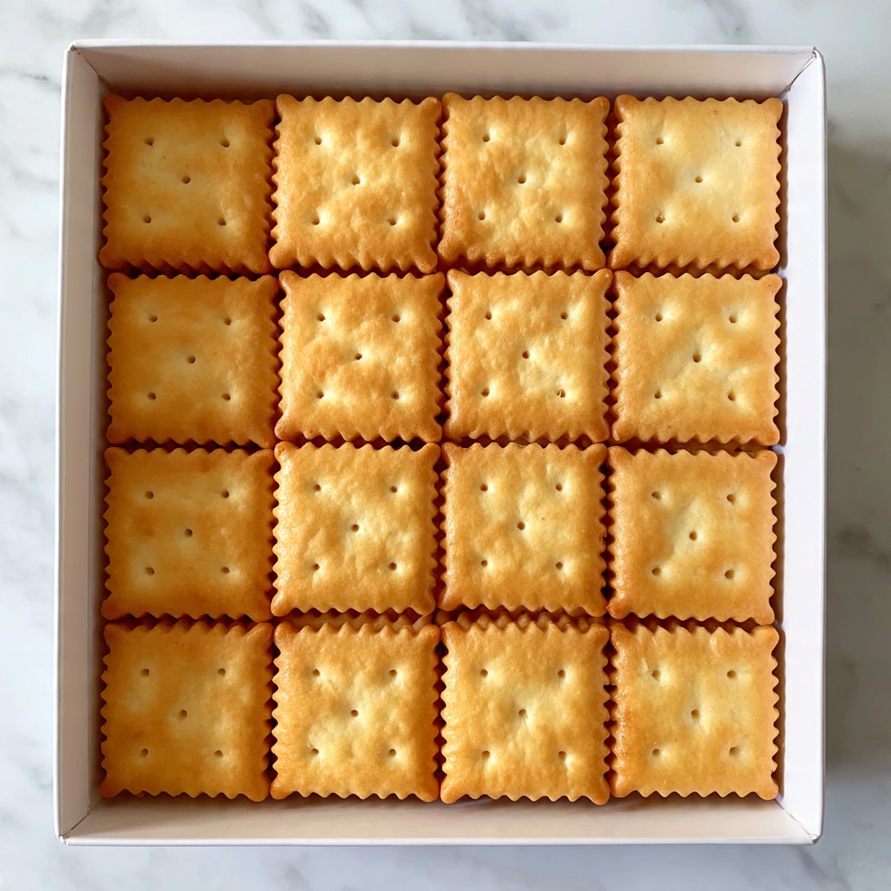 square image A white rectangular box filled with three rows and four columns of square biscuits. Each biscuit is golden-brown with small holes and edges that have a zigzag pattern. The biscuits are neatly placed, touching each other without gaps, and the box is set on a white marbled surface. photo taken with an iphone --ar 4:5 --v 7
